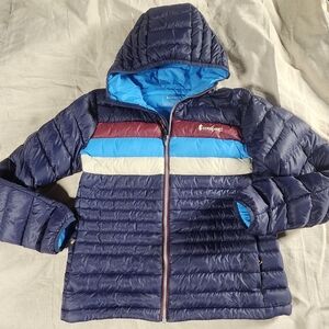 Cotopaxi Women’s Down Hooded Puffer Jacket – XS – Colorblock Navy/Maroon/Blue